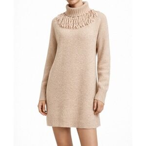 SOMETHING NAVY Sweater Dress Womens S Fringe Turtleneck Beige Knit Cozy‎ Mini